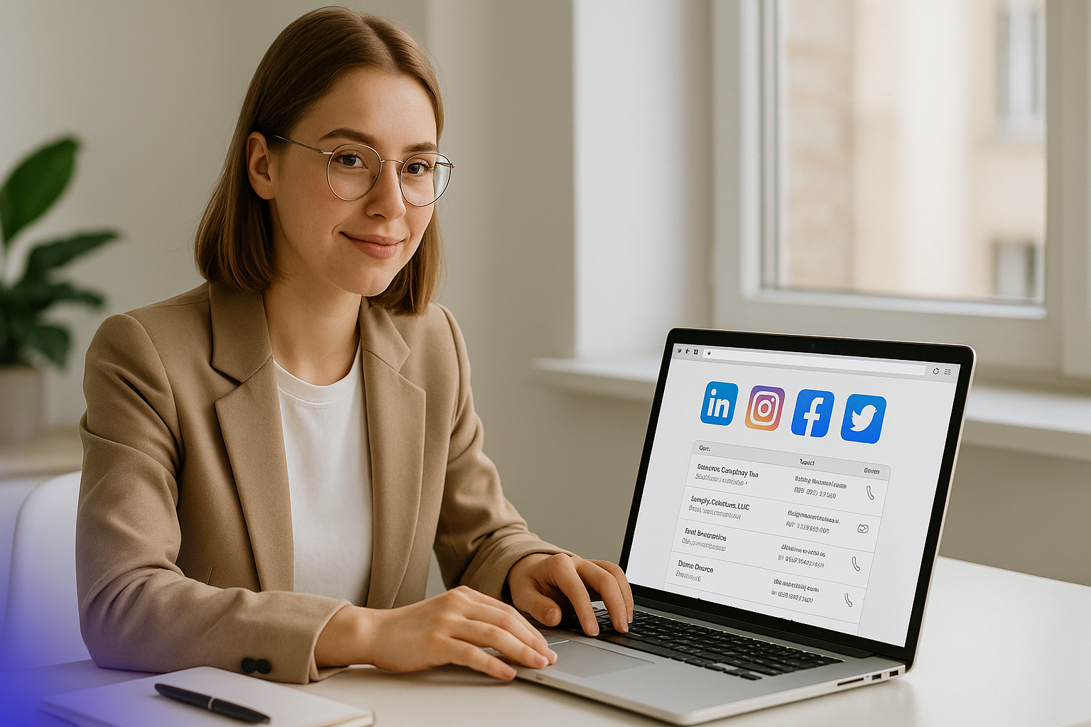 Przedsiębiorczyni szuka leadów B2B w social mediach na laptopie